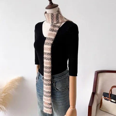 Fair Isle Geometric Knit Narrow Scarf For Women Men Retro Long Thin Neck Warmer Soft Cashmere-like Warm Winter Scarf Gifts