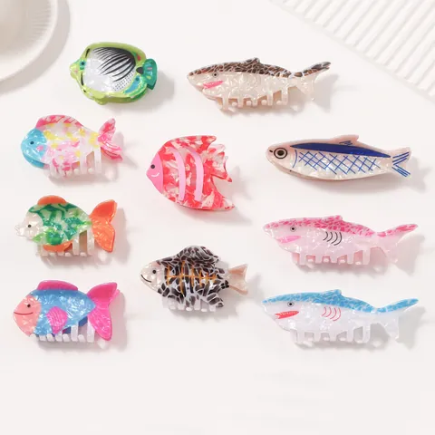 Ocean Animal Series Hair Claw Clip PVC Shark Tropical Fish Pattern Marble Texture Hair Clips For Women Girls Everyday Hair Accessories