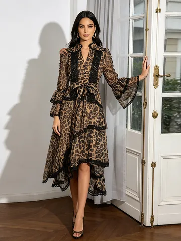 French Court Style Embroidered Dress Women Vintage V Neck Flared Sleeve Lace Up Waist Tiered Ruffle Maxi Dress Khaki White Black