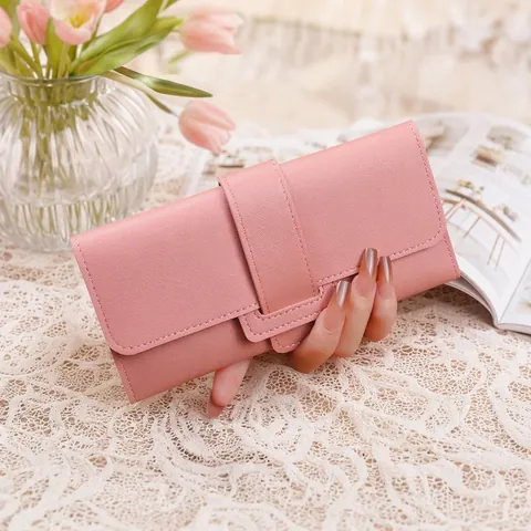 Women Long Wallet PU Leather Tri-Fold Flap Buckle Litchi Grain Multi Card Slots Zipper Pocket Chic Simple Daily Handbag