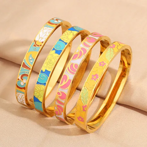Women Fashion Stainless Steel Bangle Painted Enamel Floral Pattern Gold Plated Vintage Jewelry Washable Hand Accessory
