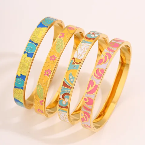 Women Fashion Stainless Steel Bangle Painted Enamel Floral Pattern Gold Plated Vintage Jewelry Washable Hand Accessory