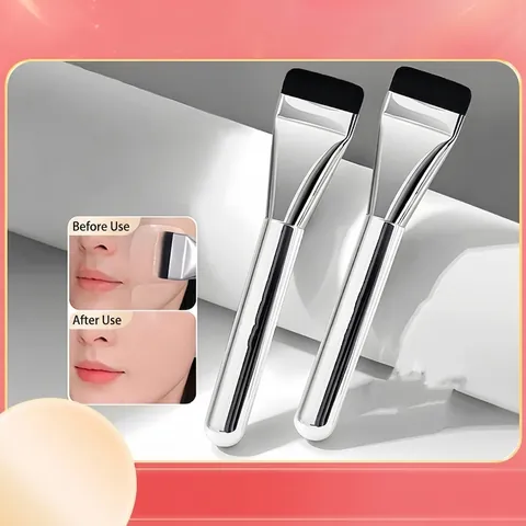 Flat Foundation Brush Ultra Thin One-Shape Professional Makeup Brush For Liquid Concealer Mask With Silver Metallic Handle