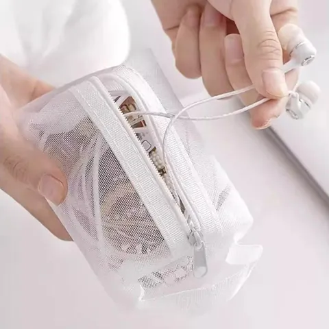 Portable Transparent Nylon Mesh Storage Bag Small Zipper Coin Purse Keychain Case Data Cable Makeup Organizer Bag For Travel Office