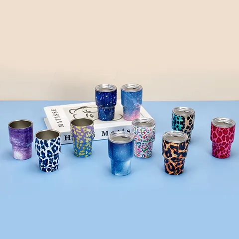 Mini Vaso de Acero Inoxidable Aislado al Vacío Con Tapa y Pajita Portátil Estampado de Leopardo Cielo Estrellado Taza de Vino