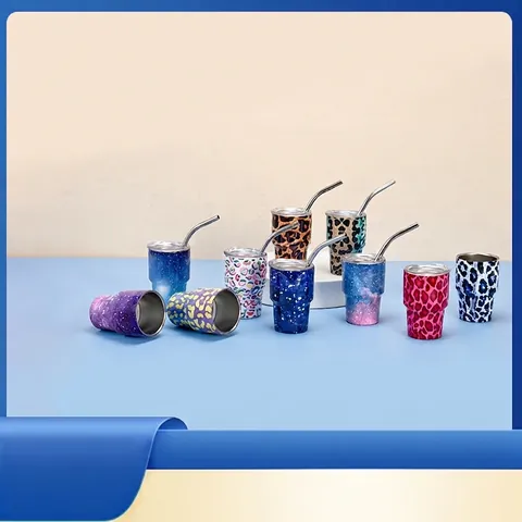 Mini Vaso de Acero Inoxidable Aislado al Vacío Con Tapa y Pajita Portátil Estampado de Leopardo Cielo Estrellado Taza de Vino