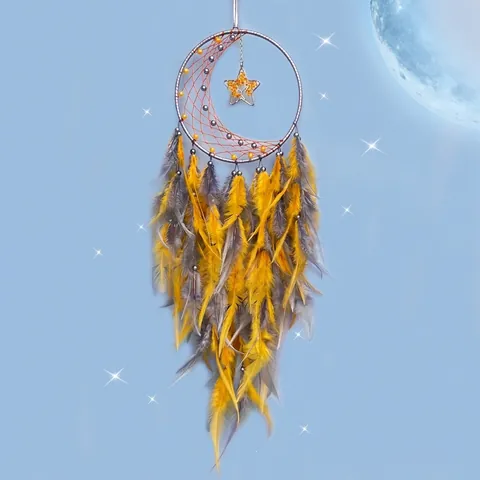 Attrape-Rêve Fait Main en Fer et Plumes Lune Étoile Décoration Murale Bohème Carillon à Vent pour Maison Chambre Salon