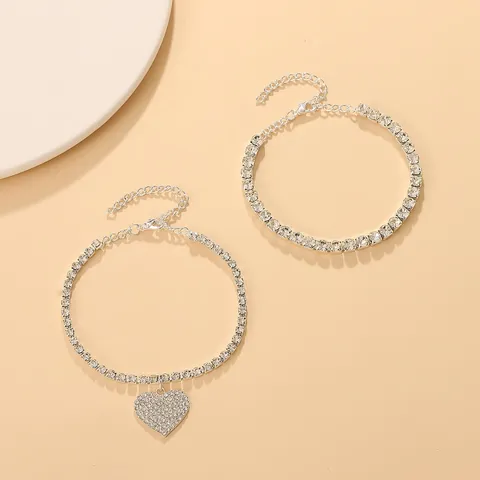 Sparkling Rhinestone Heart Butterfly Anklet Set For Women Sexy Beach Foot Jewelry Alloy Crystal Tennis Chain Adjustable Summer Jewelry Gift