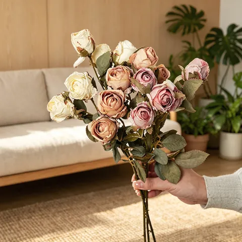 Vintage Artificial Rose With 5 Heads Burnt Edge Design Single Stem Faux Flower For Home Hotel Table Decor Silk Flower Bouquet
