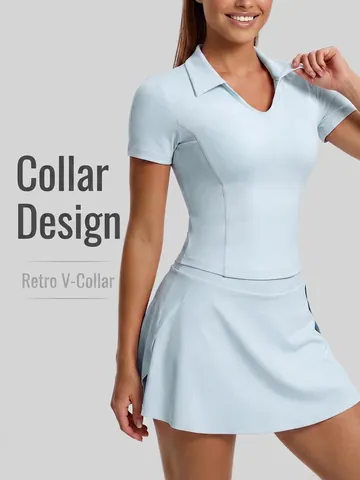 Women's Slim Fit Yoga T-Shirt Lapel V-Neck Short Sleeve Top Polyester Spandex Breathable Sports Polo For Tennis Gym