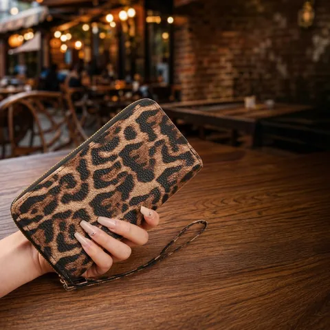 Women Long Wallet Leopard Print PVC Leather Fashion Zip Around Clutch With Wristlet Strap Large Capacity Card Holder