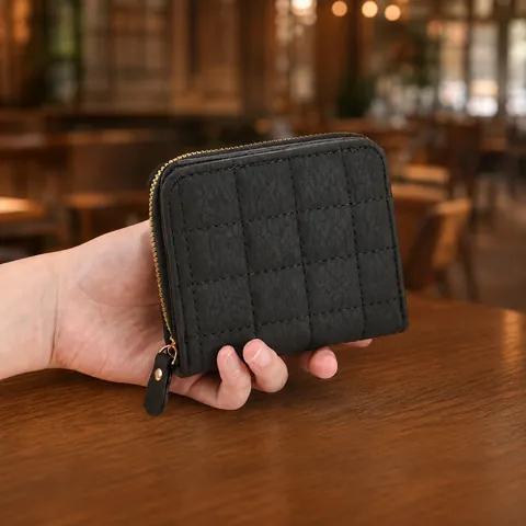 Cartera Corta Mujer Cuero PU Acolchada Monedero Cremallera Ranuras Tarjetas Bolso Cuadrado Pequeño Elegante