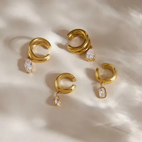 Stainless Steel Teardrop Zirconia Ear Cuff Non Pierced Earrings For Women Gold Plated Geometric Ear Bone Clip Jewelry