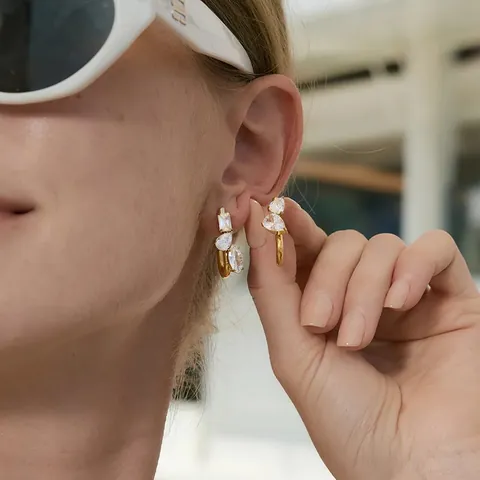 Luxe J-Vorm Roestvrijstalen Oorknopjes Voor Dames Verguld Geometrische Strass Ingelegde Oorbellen Mode Sieraden