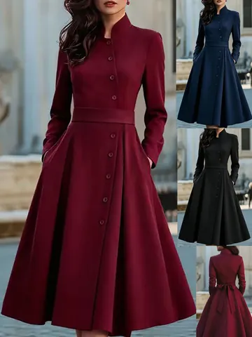Women's Vintage Elegant Polyester Mock Neck Long Sleeve Midi Dress With Button Pockets Lace-up Solid Color Patchwork Dress