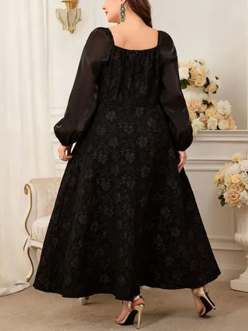 Women Plus Size Elegant Black Jacquard Dress Square Neck Rhinestone Puff Sleeve A-Line Maxi Dress Formal Party Evening Gown