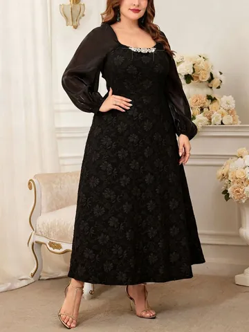 Women Plus Size Elegant Black Jacquard Dress Square Neck Rhinestone Puff Sleeve A-Line Maxi Dress Formal Party Evening Gown