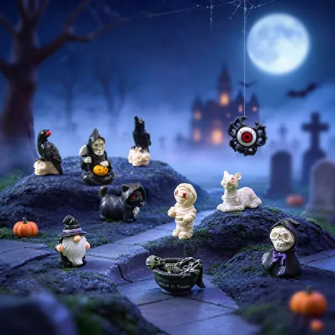 Resin Halloween Mummy Crow Figurine Miniature Skeleton Cat Spider Micro Landscape Ornaments DIY Garden Decor Accessories
