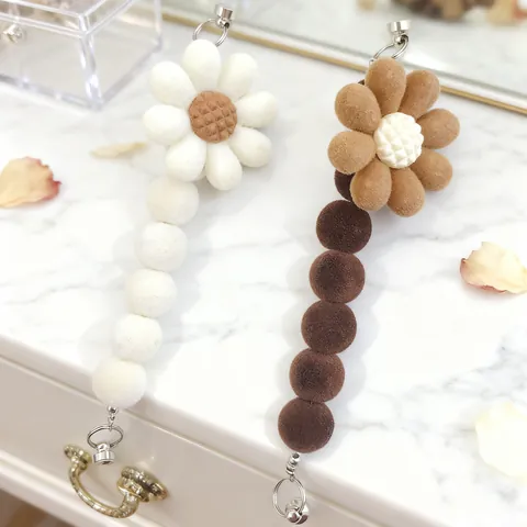 Cute Flocked Sunflower Pom Pom Bag Charm Metal Clasp Plush Floral Pendant Phone Strap Accessory For Women Bag Decoration