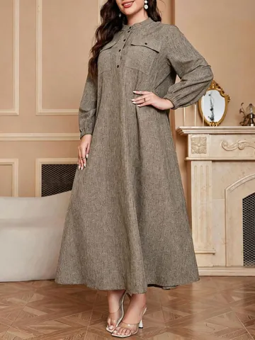 Women Plus Size Maxi Dress Polyester Long Sleeve Abaya Robe Loose Fitting Stand Collar Button Pocket Modest Casual Dress