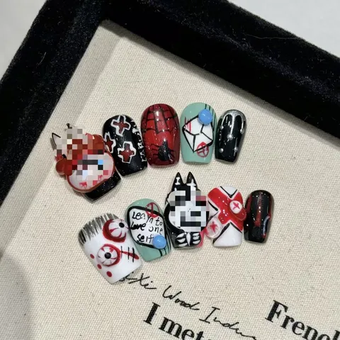 Handmade Press On Nails 3D Gothic Dark Style Red Black Spider Web Eyeball Bowknot Coffin Shape Art