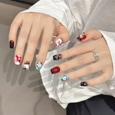 Handmade Press On Nails 3D Gothic Dark Style Red Black Spider Web Eyeball Bowknot Coffin Shape Art