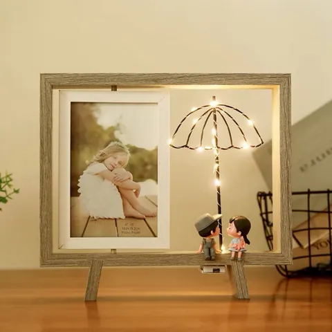 Wooden Rotating Double Sided Photo Frame With LED Light Nordic Desktop Ornament Night Light Gift For Couples Home Decor