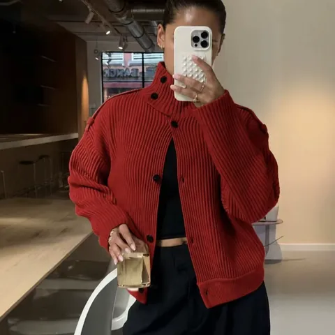 Women Rib Knit Cardigan Mock Neck Single Breasted Epaulette Polyester Spandex Long Sleeve Casual Sweaters