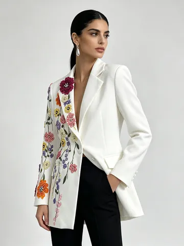 Elegant Women 3D Floral Embroidery Blazer Long Sleeve Slim Fit Suit Jacket With Faux Artificial Pearl Rhinestone For Party Wedding Office