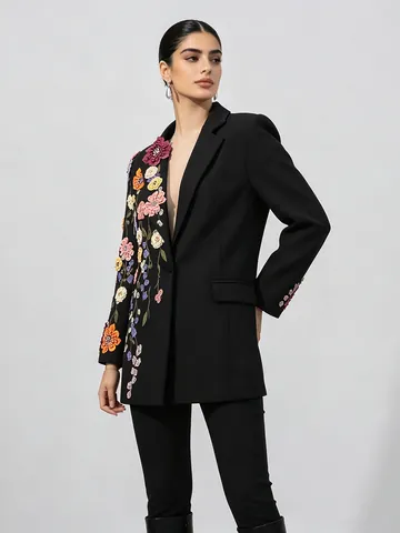 Elegant Women 3D Floral Embroidery Blazer Long Sleeve Slim Fit Suit Jacket With Faux Artificial Pearl Rhinestone For Party Wedding Office