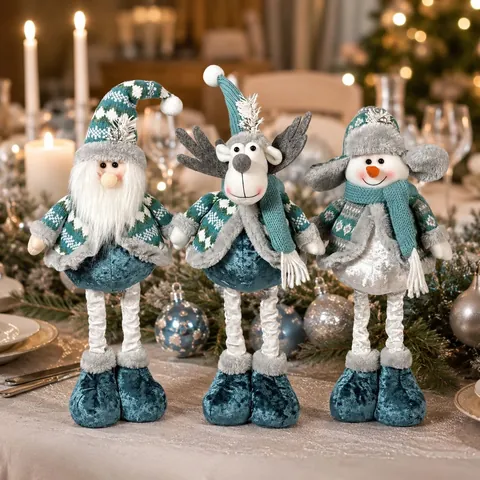 Ornamento Natalizio Retrattile in Peluche in Stile Scandinavo Blu Con Renna Pupazzo di Neve Babbo Natale per Decorazione Casa Festa