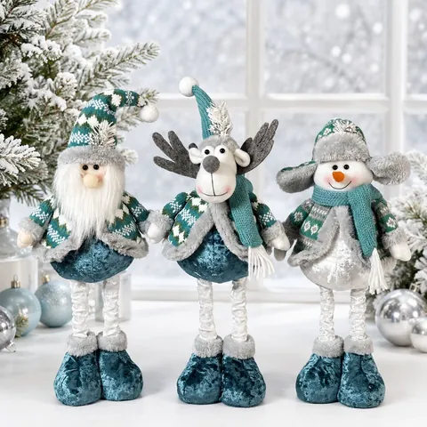 Ornamento Natalizio Retrattile in Peluche in Stile Scandinavo Blu Con Renna Pupazzo di Neve Babbo Natale per Decorazione Casa Festa