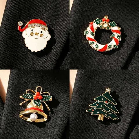 Enamel Christmas Brooch Pin Set Santa Claus Christmas Tree Snowman Wreath Bell Alloy Rhinestone Fashion Festive Jewelry