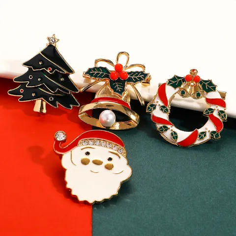 Enamel Christmas Brooch Pin Set Santa Claus Christmas Tree Snowman Wreath Bell Alloy Rhinestone Fashion Festive Jewelry
