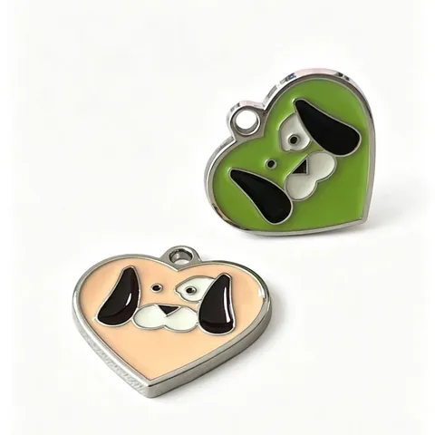 Heart Shaped Metal Pet ID Tag Anti-Lost Dog Nameplate With Cartoon Dog Pattern Collars Cyan Blue Pink Orange Wine Red