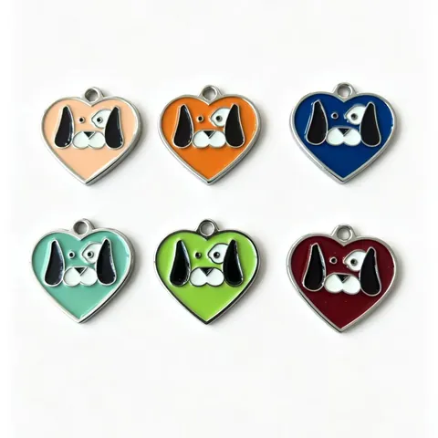 Heart Shaped Metal Pet ID Tag Anti-Lost Dog Nameplate With Cartoon Dog Pattern Collars Cyan Blue Pink Orange Wine Red