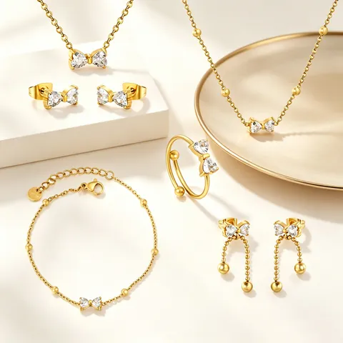 Elegante Collar Pulsera Anillo de Acero Inoxidable con Lazo Colgante de Corazón de Zirconia Joyería para Mujer Oro Plata Moda