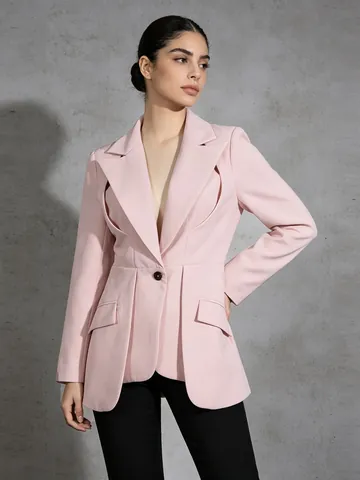 Women Elegant Blazer And Pants Outfit Business Casual Solid Color Cut Out Design Long Sleeve Suit For Work Office Wear