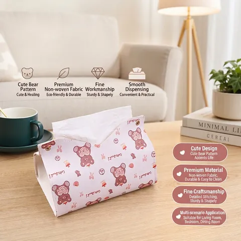 Cute Cartoon Bear Pattern PU Leather Tissue Box Cover Foldable Desktop Tissue Holder With Metal Button For Living Room Home Car Office Decor