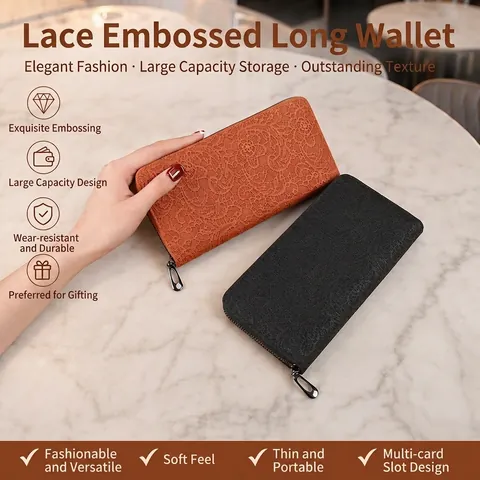Women Long Zipper Wallet PU Leather Lace Embossed Floral Large Capacity Phone Clutch Card Holder Bag Elegant Stylish