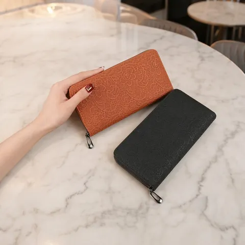 Portefeuille Femme Long Fermeture Éclair Cuir PU Dentelle Floral Grande Capacité Pochette Téléphone Porte Cartes