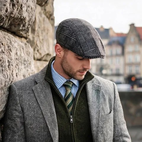 Men's Retro Herringbone Woolen Plaid Newsboy Cap British Style Flat Cap Autumn Winter Warm Adjustable Ivy Driving Hat