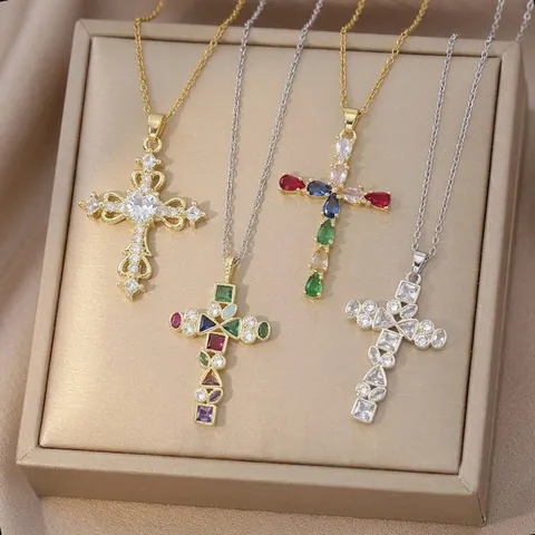 Fashion Zirconia Cross Pendant Necklace For Women Gold Plated Stainless Steel Copper Colorful Zircon Heart Stone Jewelry Gift