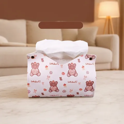 Cartoon Bear PU Leather Tissue Box Cover Foldable Desktop Paper Napkin Holder With Snap Button For Home Car Decor