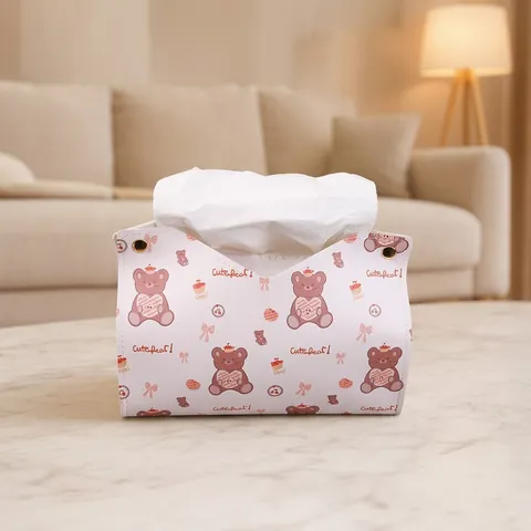 Cartoon Bear PU Leather Tissue Box Cover Foldable Desktop Paper Napkin Holder With Snap Button For Home Car Decor