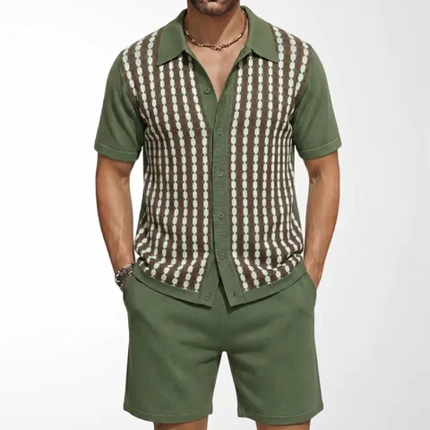 Men Casual Striped Jacquard Short Sleeve Knit Cardigan And Shorts Viscose Knitwear Suit Top And Bottom Clothing