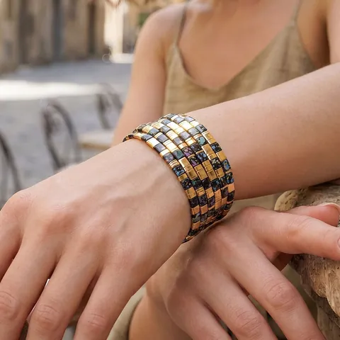 Bohemian Colorful Lacquer Copper Tila Bead Bracelet For Women Handmade Elastic Tile Bracelet Summer Beach Vacation Jewelry