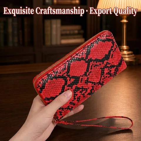 Lange Damesportemonnee Met Slangenprint Mode Reliëf PU Leer Grote Capaciteit Clutch Met Rits En Polsbandje