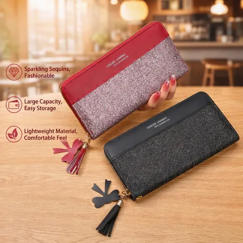 Portefeuille Femme Long Simili Cuir Paillettes Patchwork Pochette Zippée Avec Pompon Nœud Charm Multi Cartes