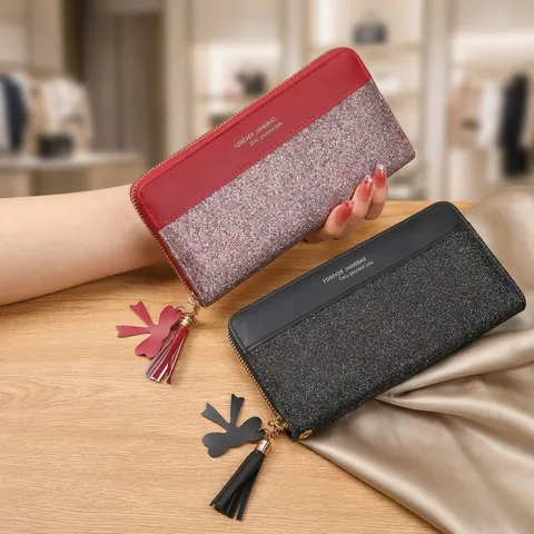 Women Long Wallet PU Leather Glitter Patchwork Zip Around Clutch With Tassel Bow Charm Multi Card Slots Phone Pocket